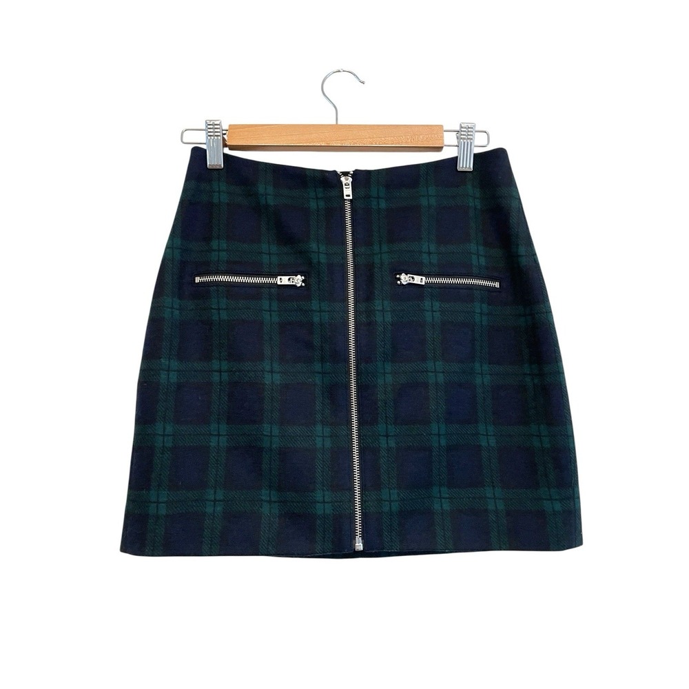 Madewell Plaid Mini Skirt Women Size 0 Wool Blend Green Blue Zipper Lined